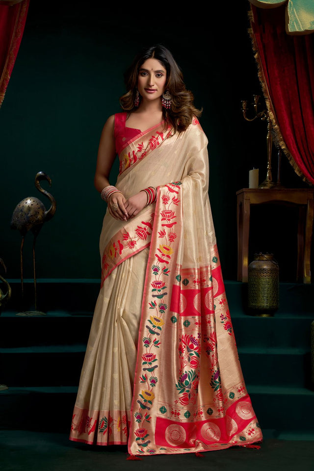 Beige Jacquard Woven Tissue Silk Saree (ACB2771)