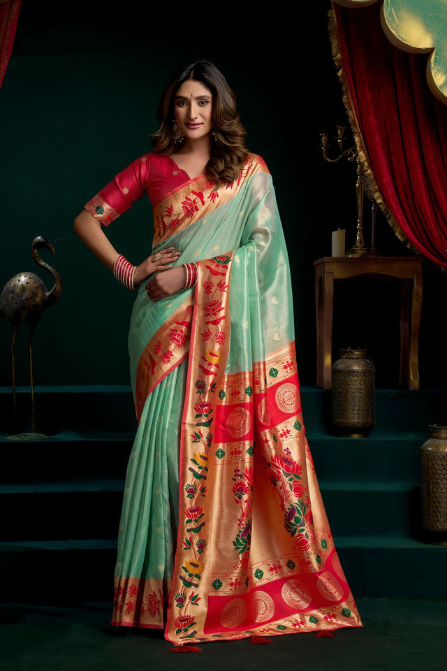 Sea Green Jacquard Woven Tissue Silk Saree (ACB2772)