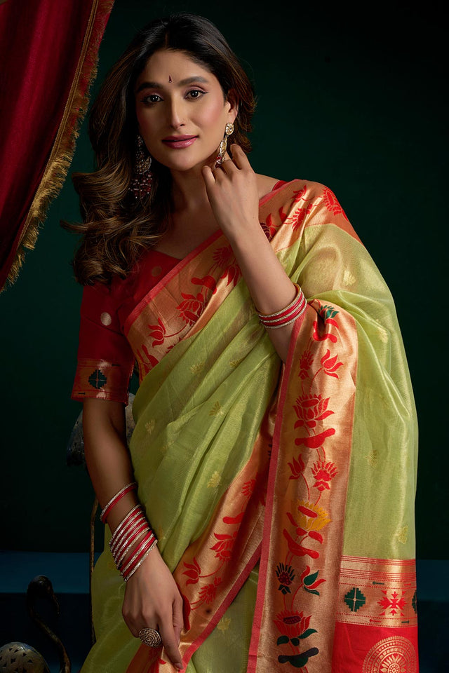 Green Jacquard Woven Tissue Silk Saree (ACB2774)