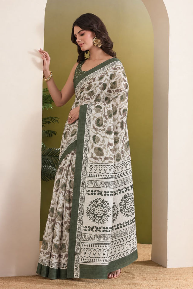 Green Floral Printed Silk Blend Ready to Wear Saree (ACB2783)