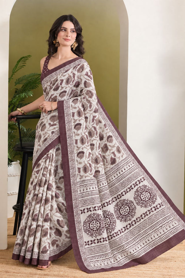Wine Floral Printed Silk Blend Ready to Wear Saree (ACB2784)