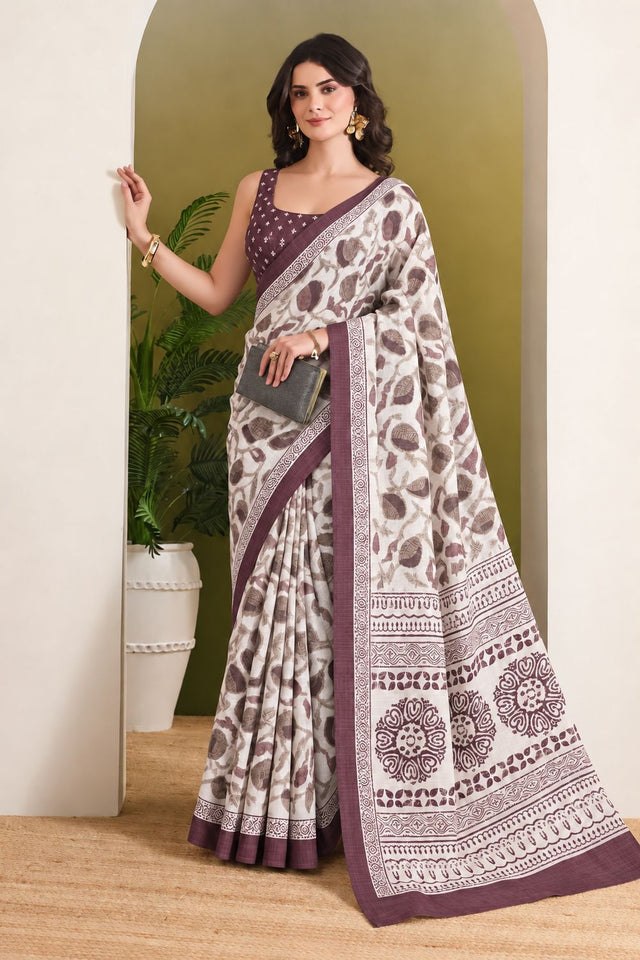Wine Floral Printed Silk Blend Ready to Wear Saree (ACB2784)
