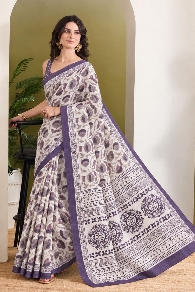 Purple Floral Printed Silk Blend Ready to Wear Saree (ACB2786)