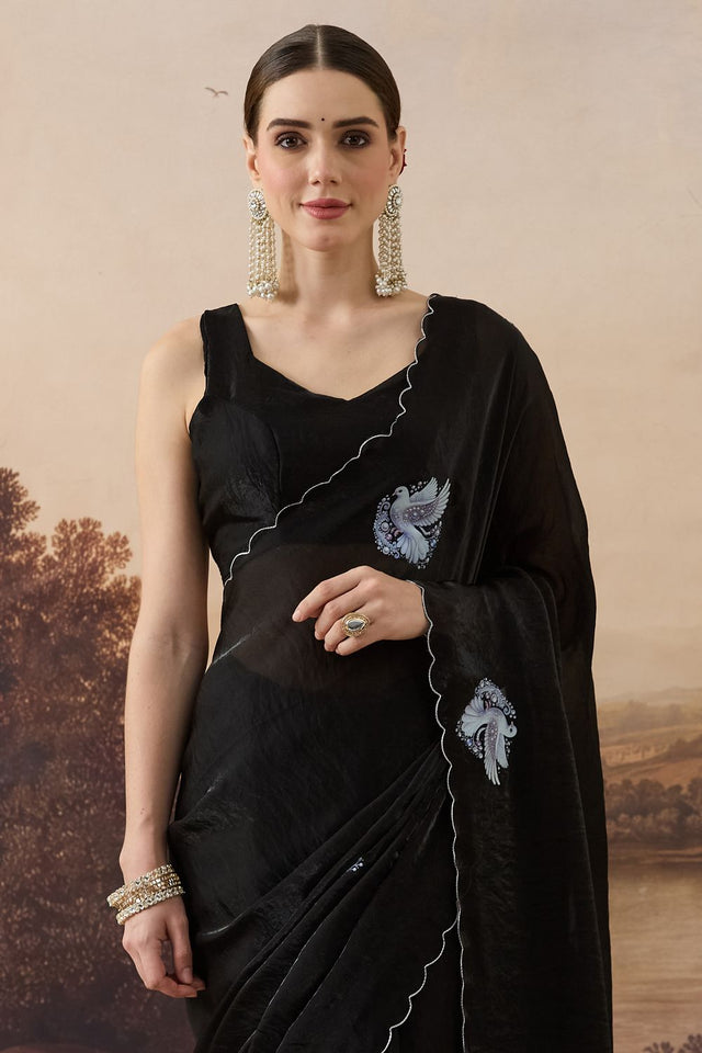 Black Printed Satin Ready to Wear Saree (ACB2787)