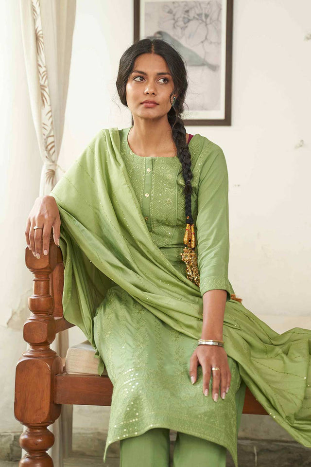Green Rayon Embroideried Pant Suit Set (ACW7447)