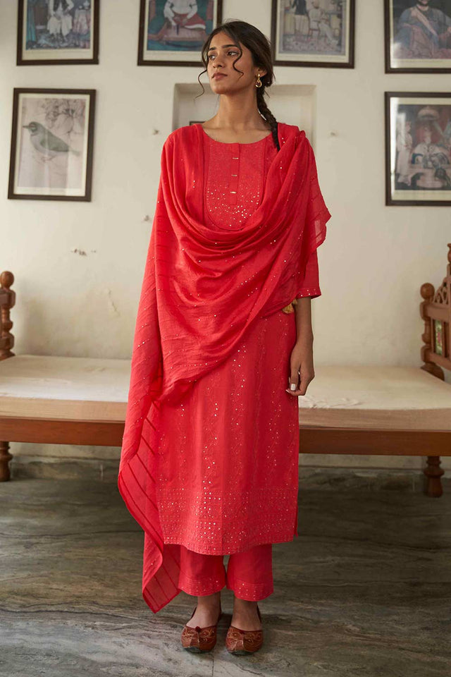 Red Rayon Embroideried Pant Suit Set (ACW7448)