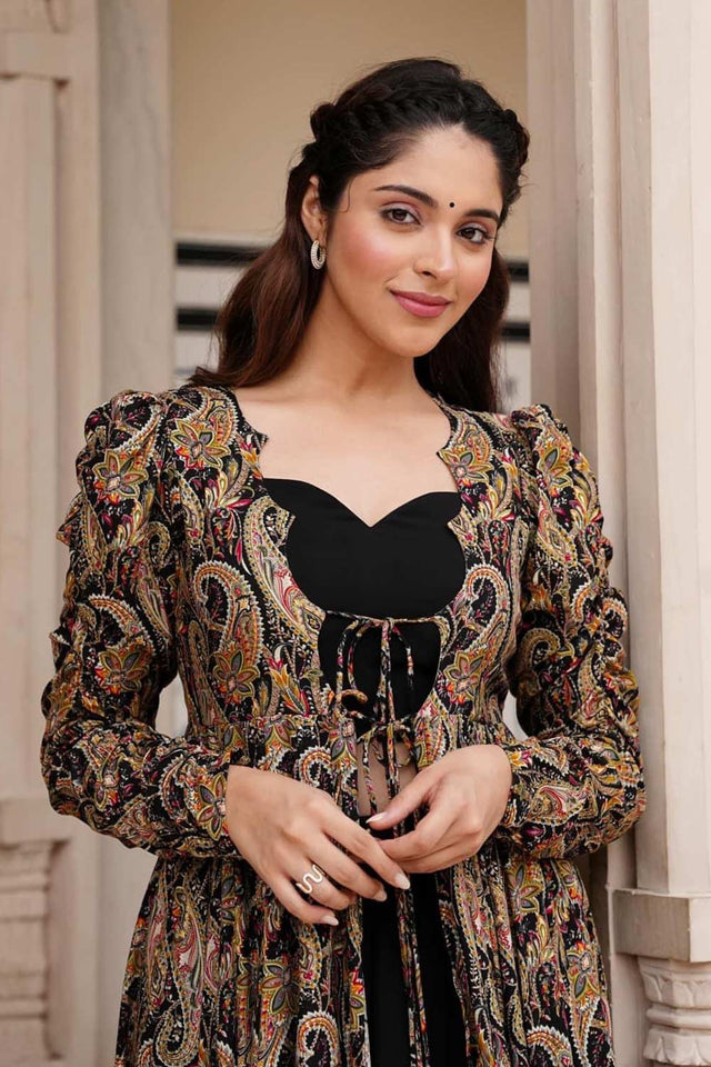Black Faux Georgette Digital Printed Indo-Western Suit Set