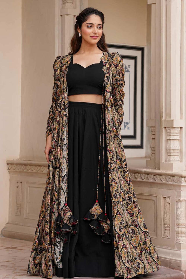 Black Faux Georgette Digital Printed Indo-Western Suit Set