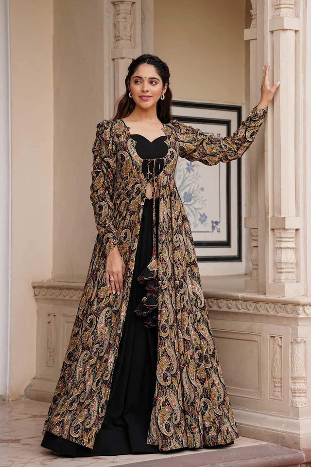 Black Faux Georgette Digital Printed Indo-Western Suit Set