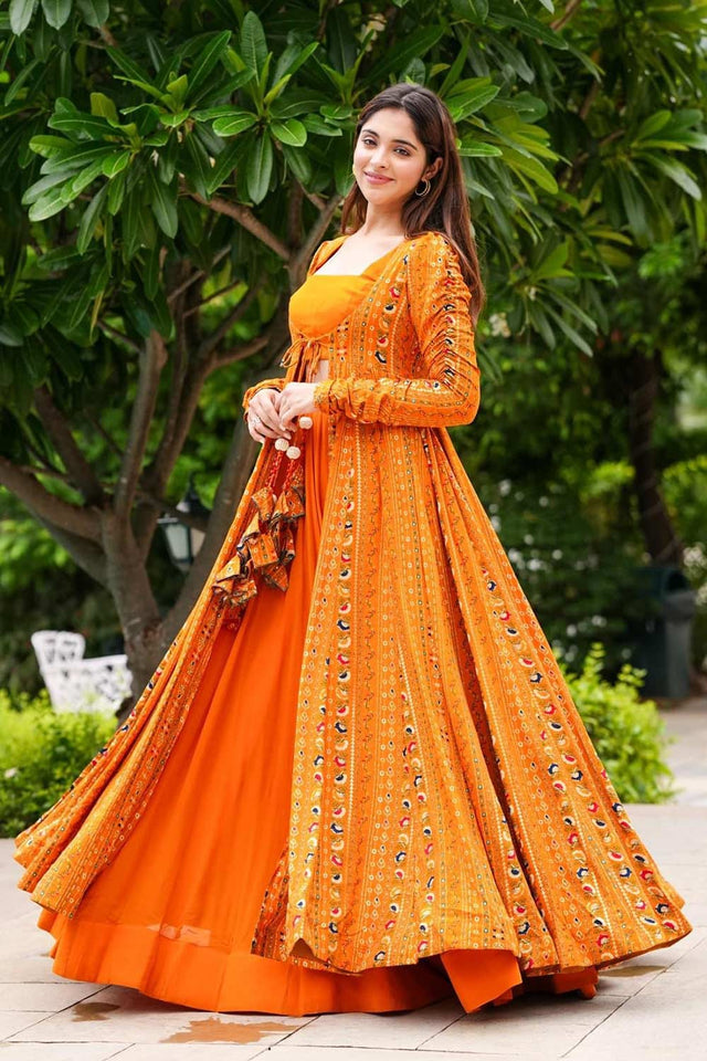 Yellow Faux Georgette Digital Printed Indo-Western Suit Set