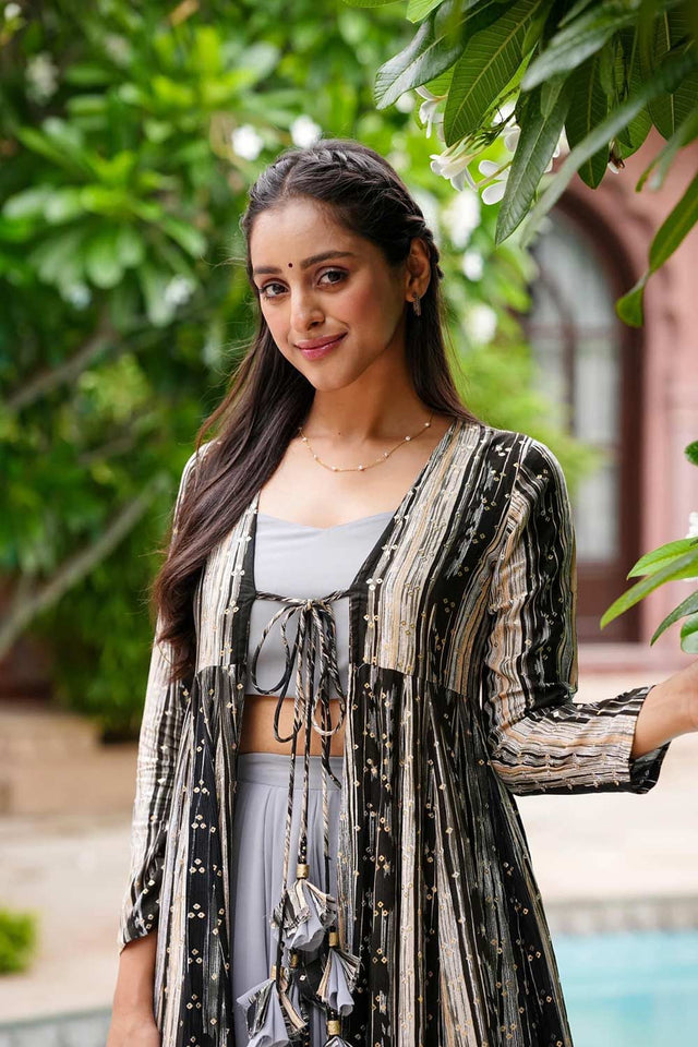 Grey Faux Georgette Digital Printed Indo-Western Suit Set