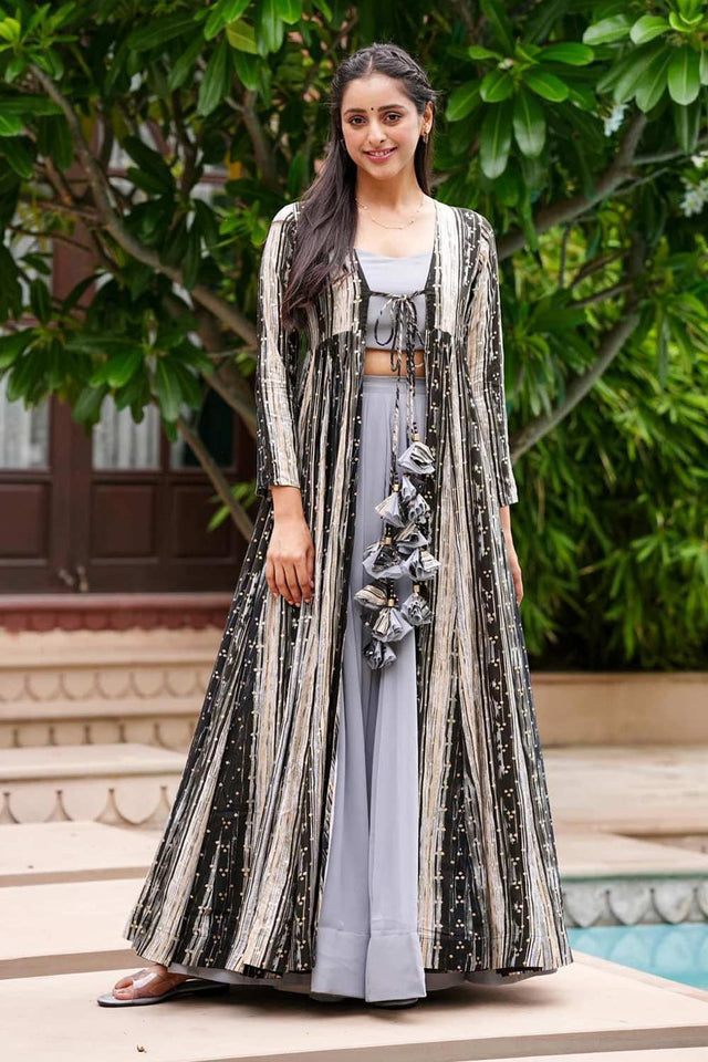 Grey Faux Georgette Digital Printed Indo-Western Suit Set