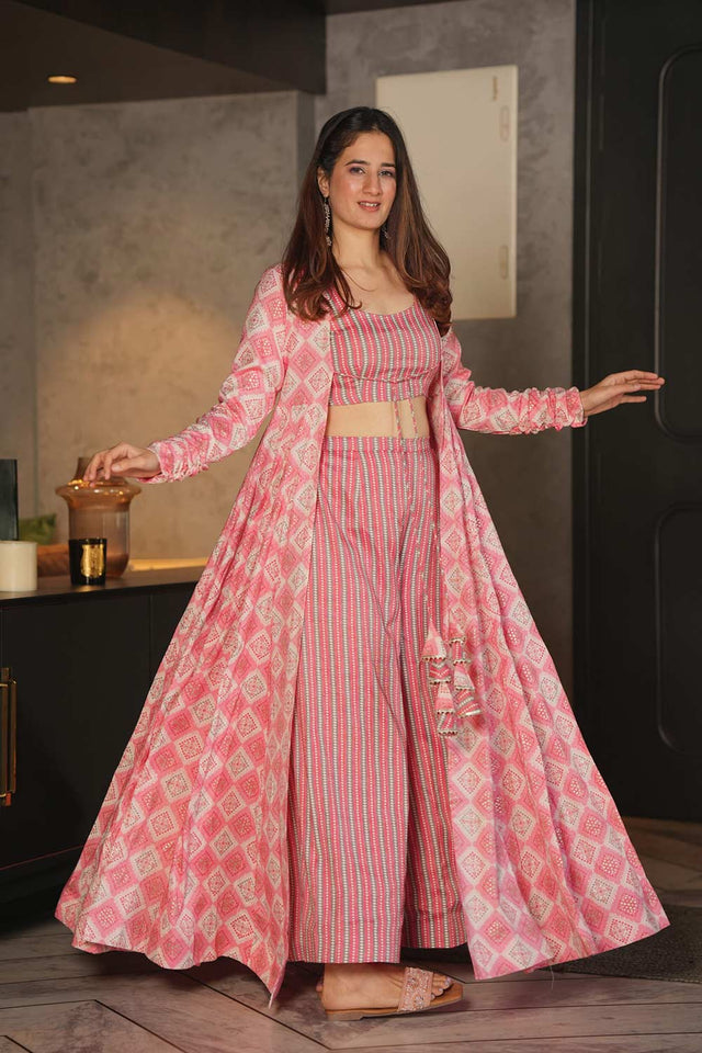 Pink Rayon Digital Printed Indo-Western Suit Set