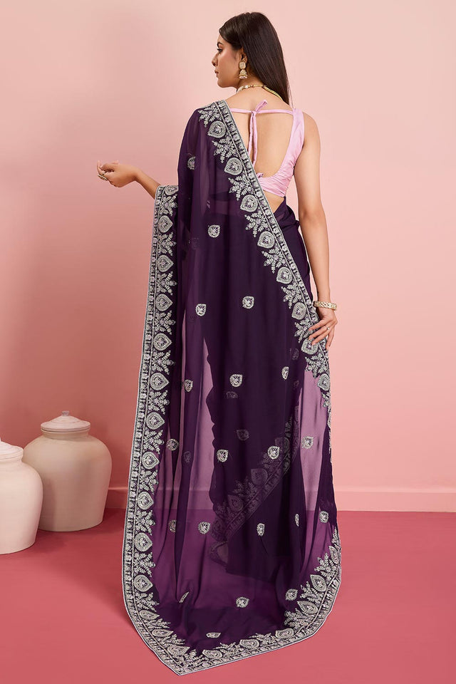 Purple Georgette Embroidered Saree (ACY6727)