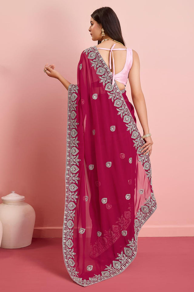 Pink Georgette Embroidered Saree (ACY6729)