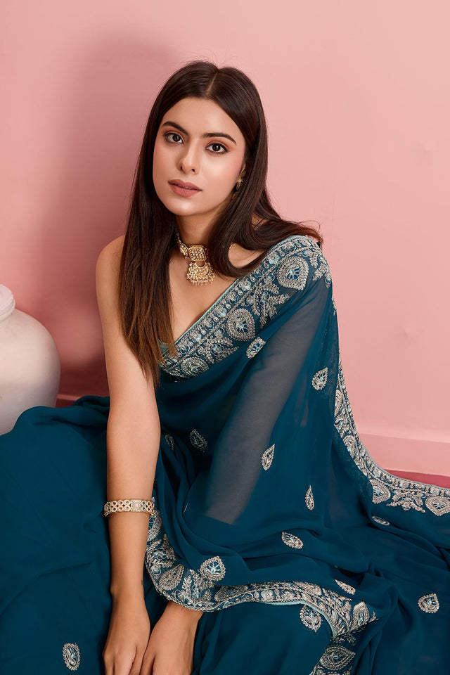 Teal Blue Georgette Embroidered Saree (ACY6730)