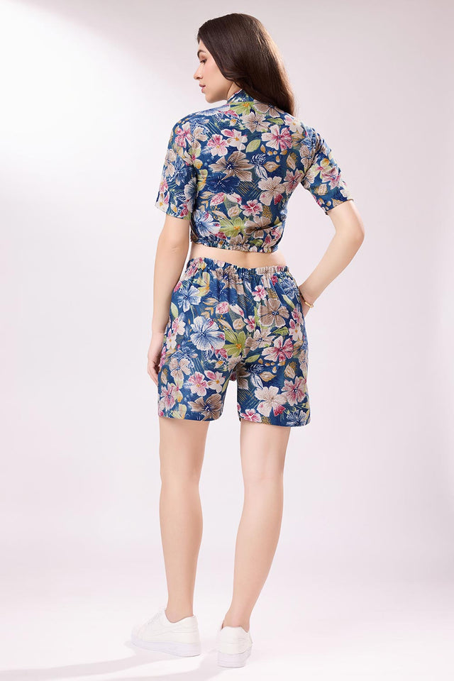 Blue Cotton Blend Printed Co-Ord Set (ACY6769)