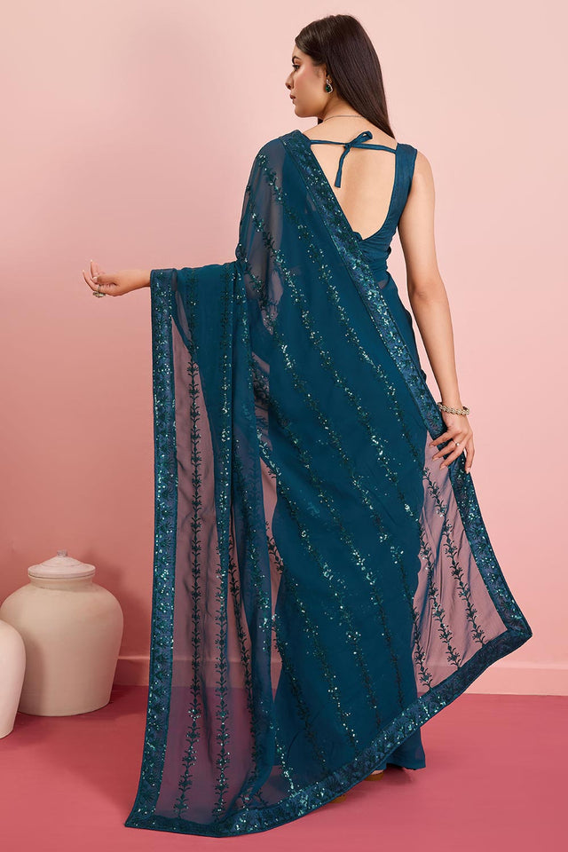 Teal Blue Georgette Embroidered Saree (ACY6814)