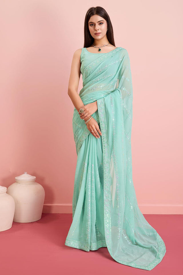 Sky Blue Georgette Embroidered Saree (ACY6816)