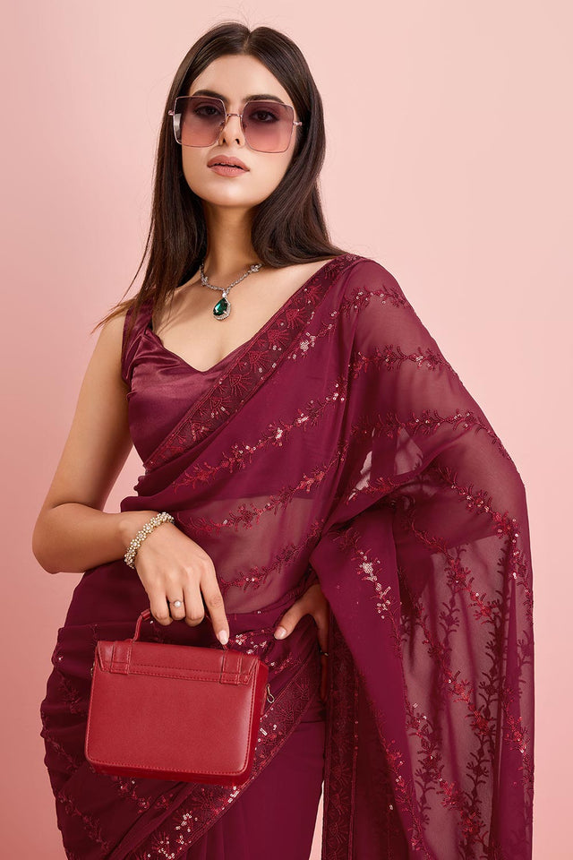 Burgundy Georgette Embroidered Saree (ACY6817)