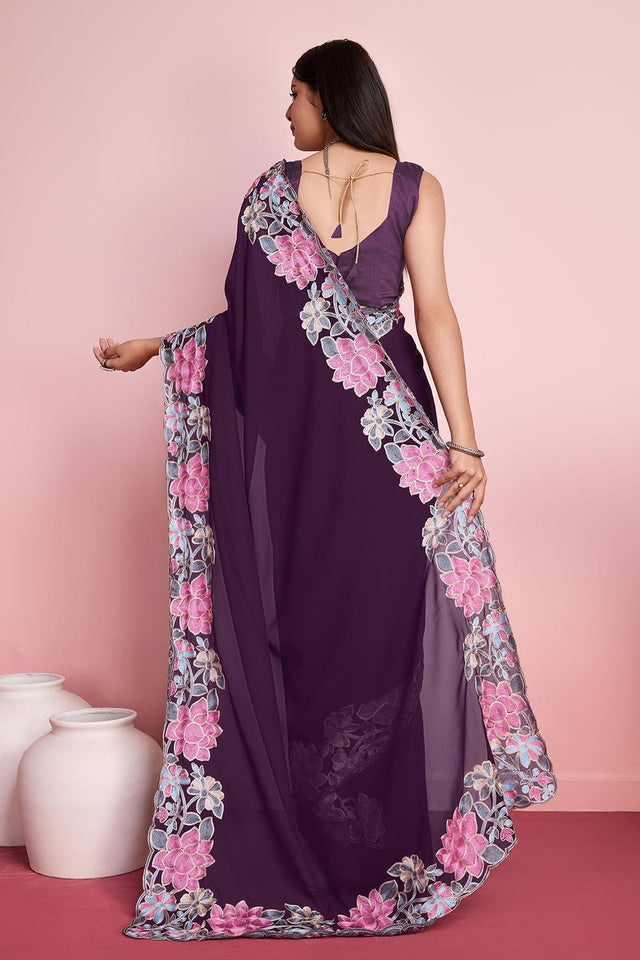 Purple Georgette Embroidered Saree (ACY6818)