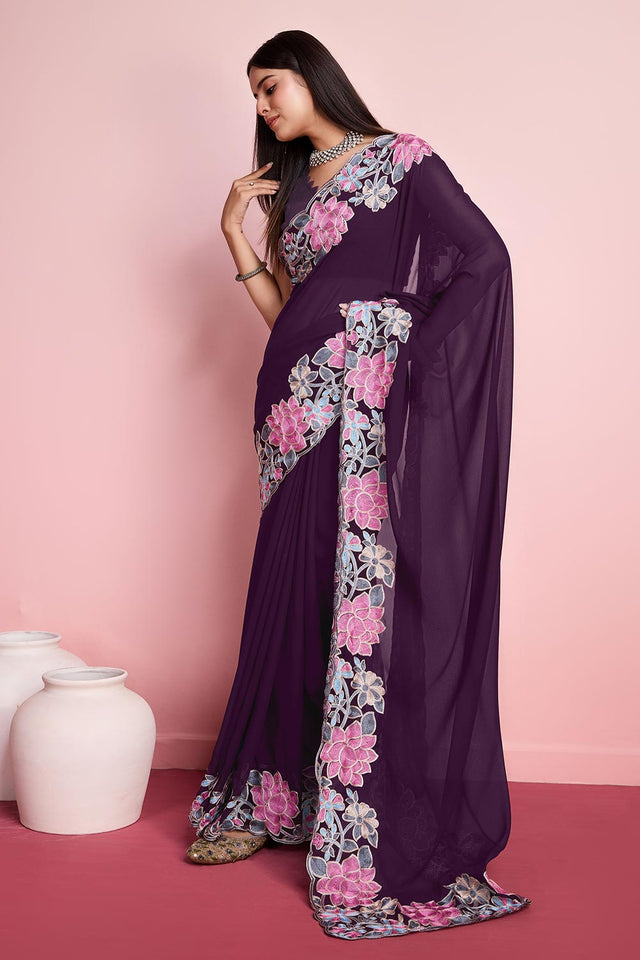 Purple Georgette Embroidered Saree (ACY6818)