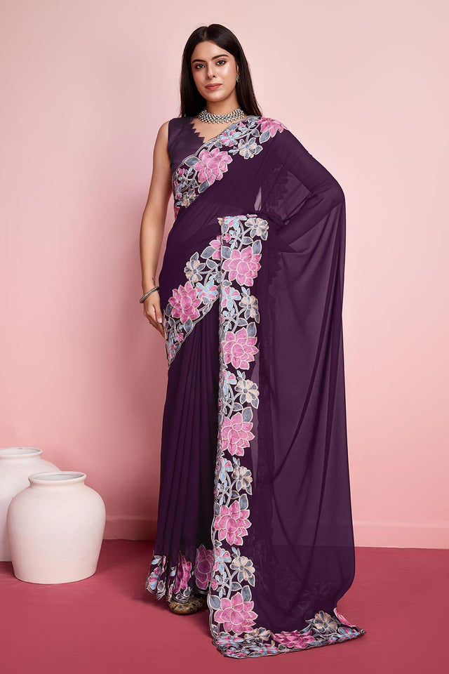 Purple Georgette Embroidered Saree (ACY6818)