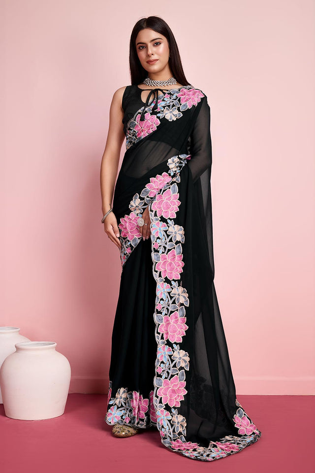 Black Georgette Embroidered Saree (ACY6821)