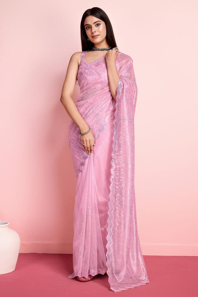 Pink Net Embroidered Saree (ACY6828)
