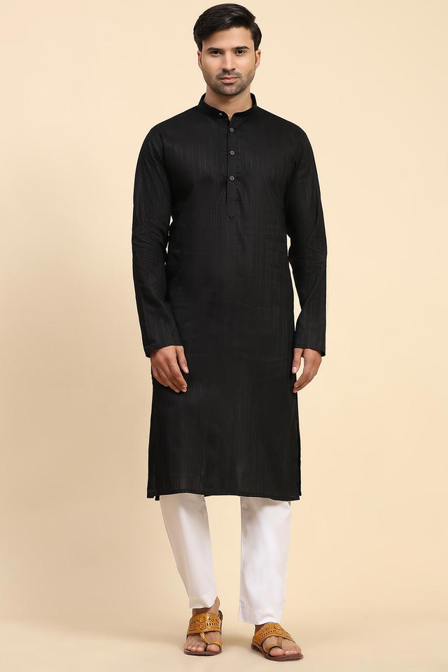 Black Cotton Woven Long Kurta (ACY6853)