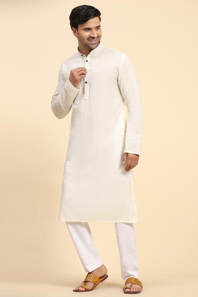 Off White Cotton Woven Long Kurta (ACY6854)