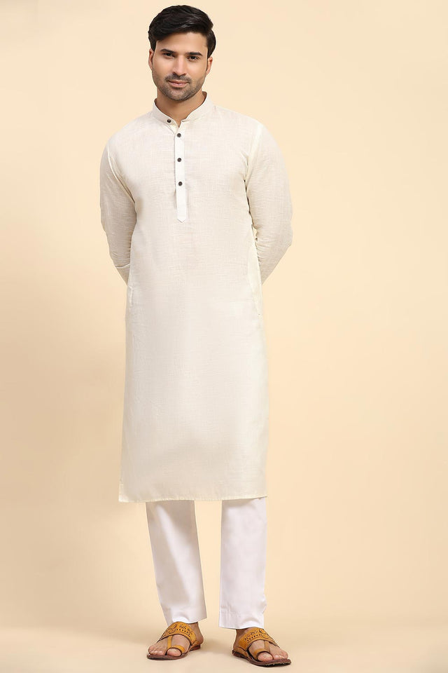 Off White Cotton Woven Long Kurta (ACY6854)