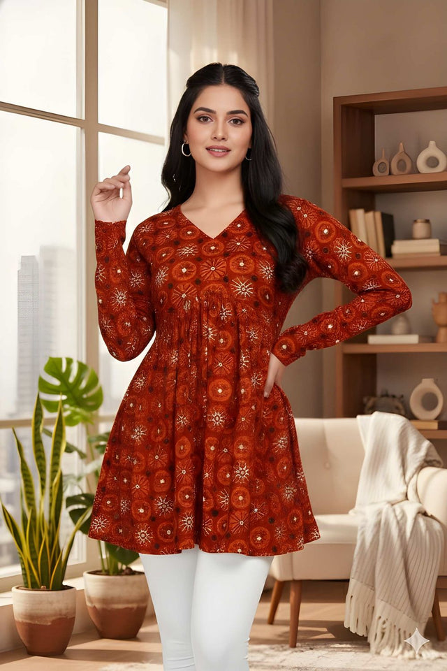 Red Printed Silk Short Kurti (ACY8191)