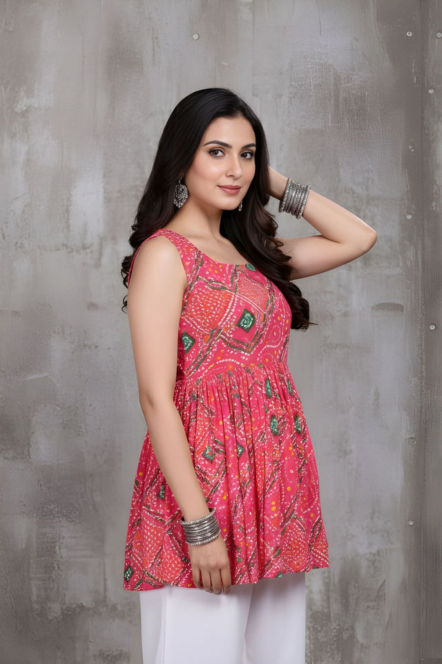 Pink Printed Silk Short Kurti (ACY8194)