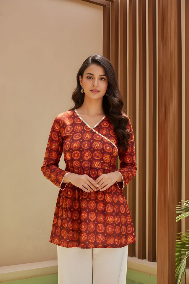 Orange Printed Silk Short Kurti (ACY8195)