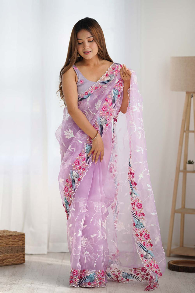 Lavender Organza Embroidered Saree