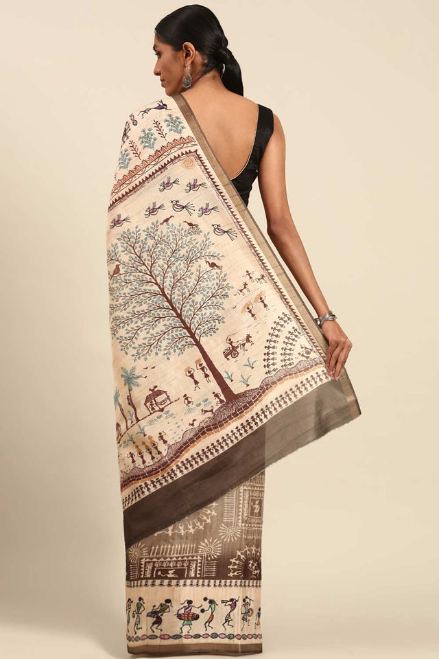 Brown Printed Cotton Saree (ACZ4127)