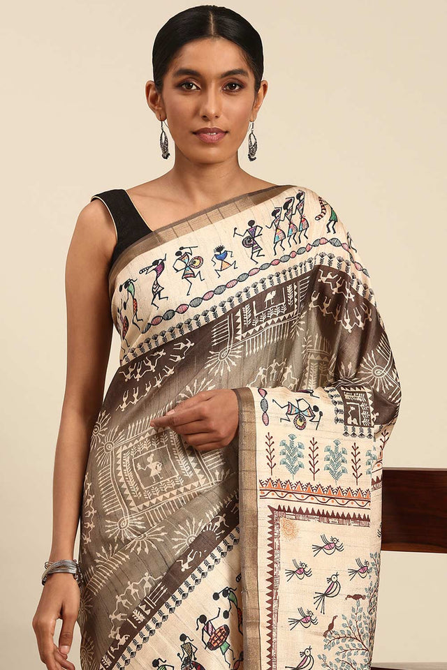 Brown Printed Cotton Saree (ACZ4127)