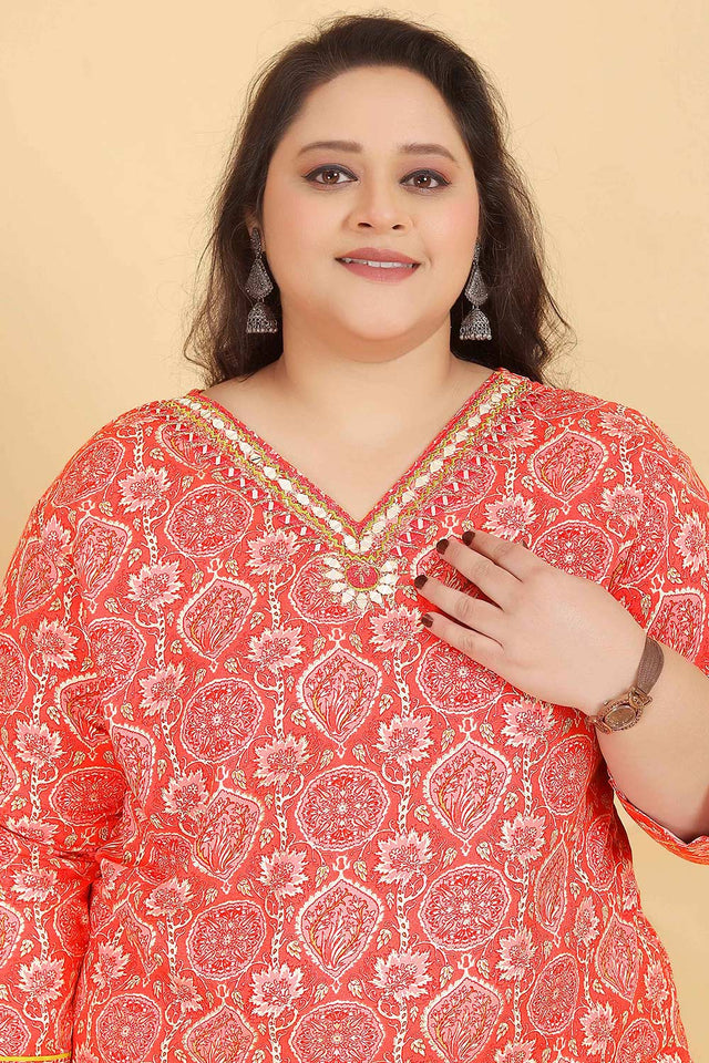 Orange Printed Viscose Kurti Pant Set