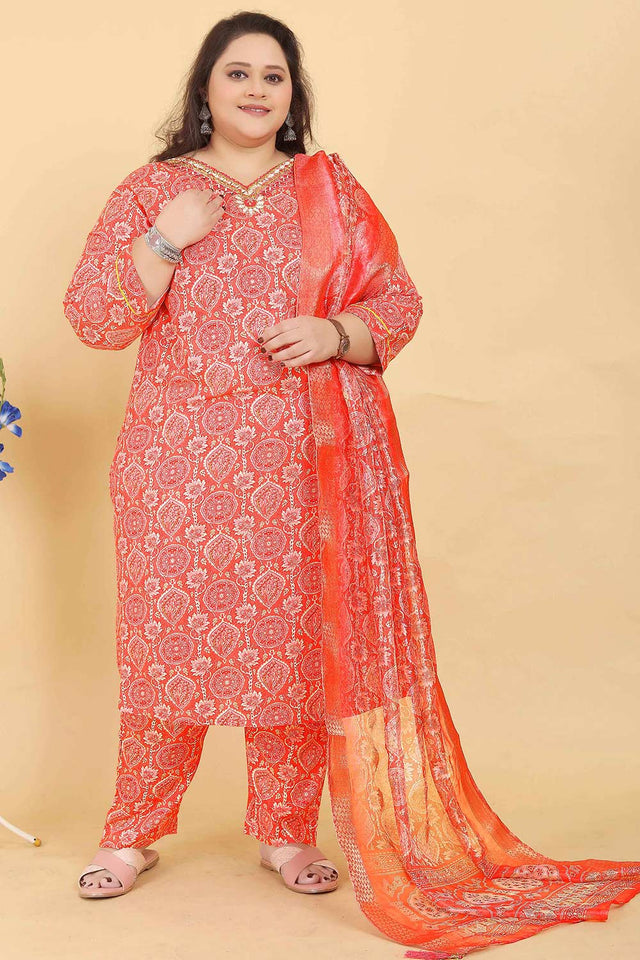 Orange Printed Viscose Kurti Pant Set