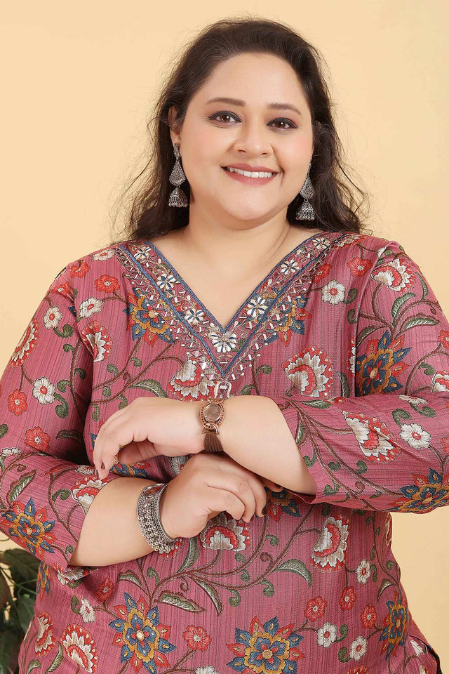 Pink Printed Viscose Kurti Pant Set