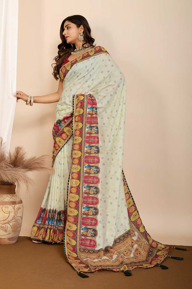 Yellow Printed Muslin Saree