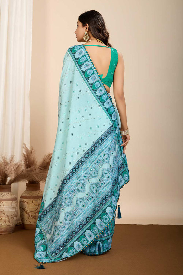 Turquoise Printed Muslin Saree
