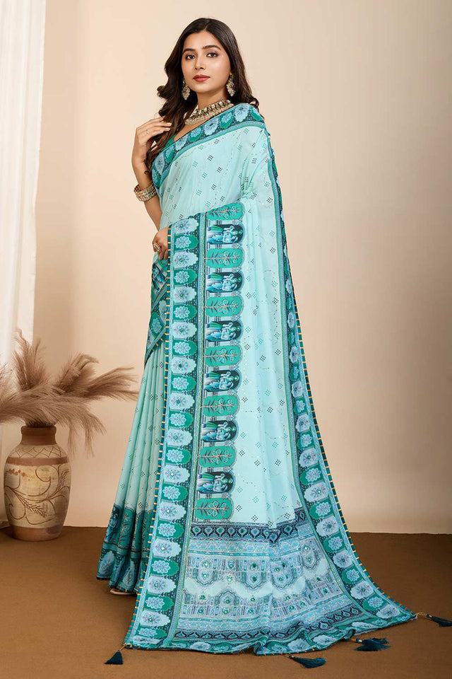 Turquoise Printed Muslin Saree
