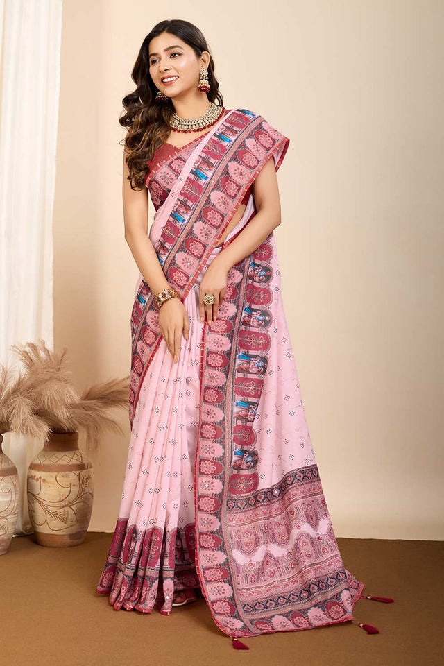 Pink Printed Muslin Saree