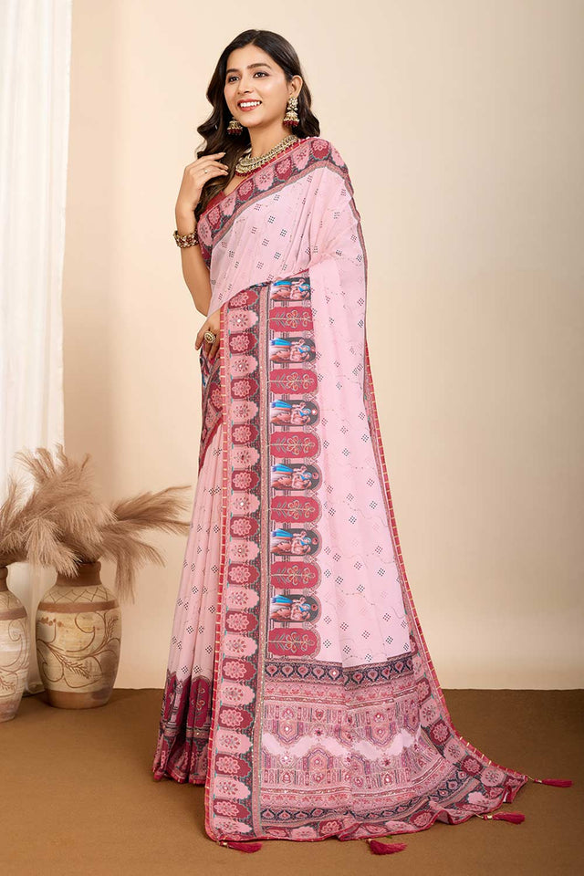 Pink Printed Muslin Saree