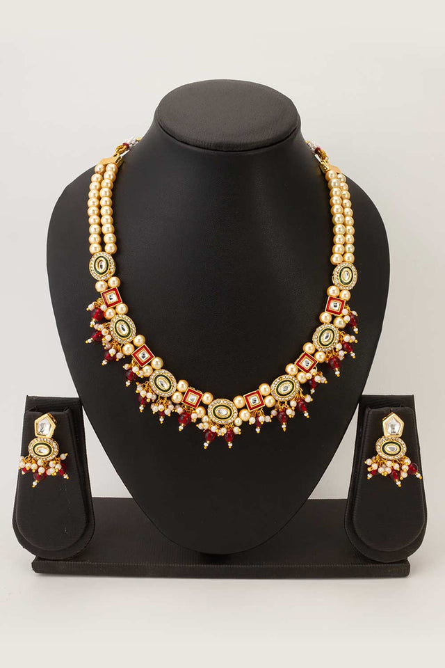 Red Artificial Pearl & kundan Brass Necklace (ACZ4594)