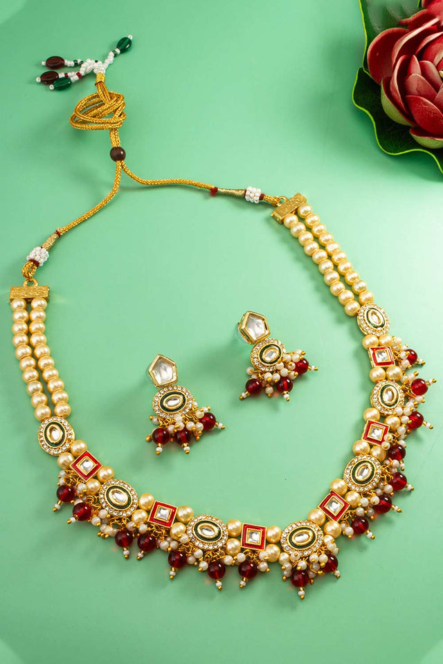 Red Artificial Pearl & kundan Brass Necklace (ACZ4594)