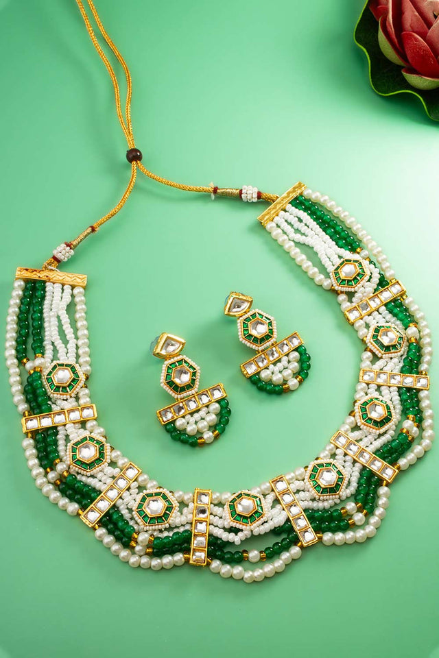 Green Artificial Pearl & kundan Brass Necklace (ACZ4595)