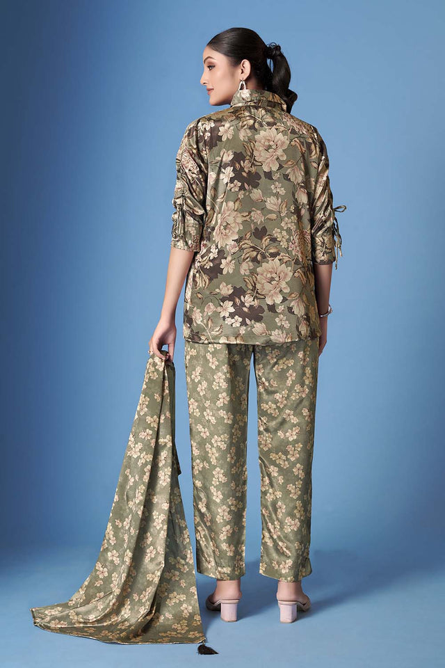Green Floral Printed Crepe Co-Ord Set